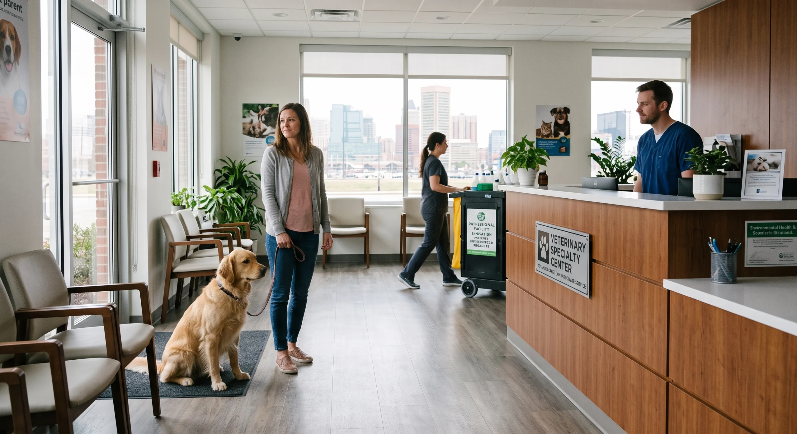 A professional photograph of a modern veterinary waiting area with a reception desk labeled "VETERINARY SPECIALTY CENTER". A woman and her golden retriever are in the foreground, and a female staff member is actively cleaning using a cart with a clear text label for "VETERINARY CLEANING & ODOR ELIMINATION" to illustrate solutions for a vet clinic's lobby smell.