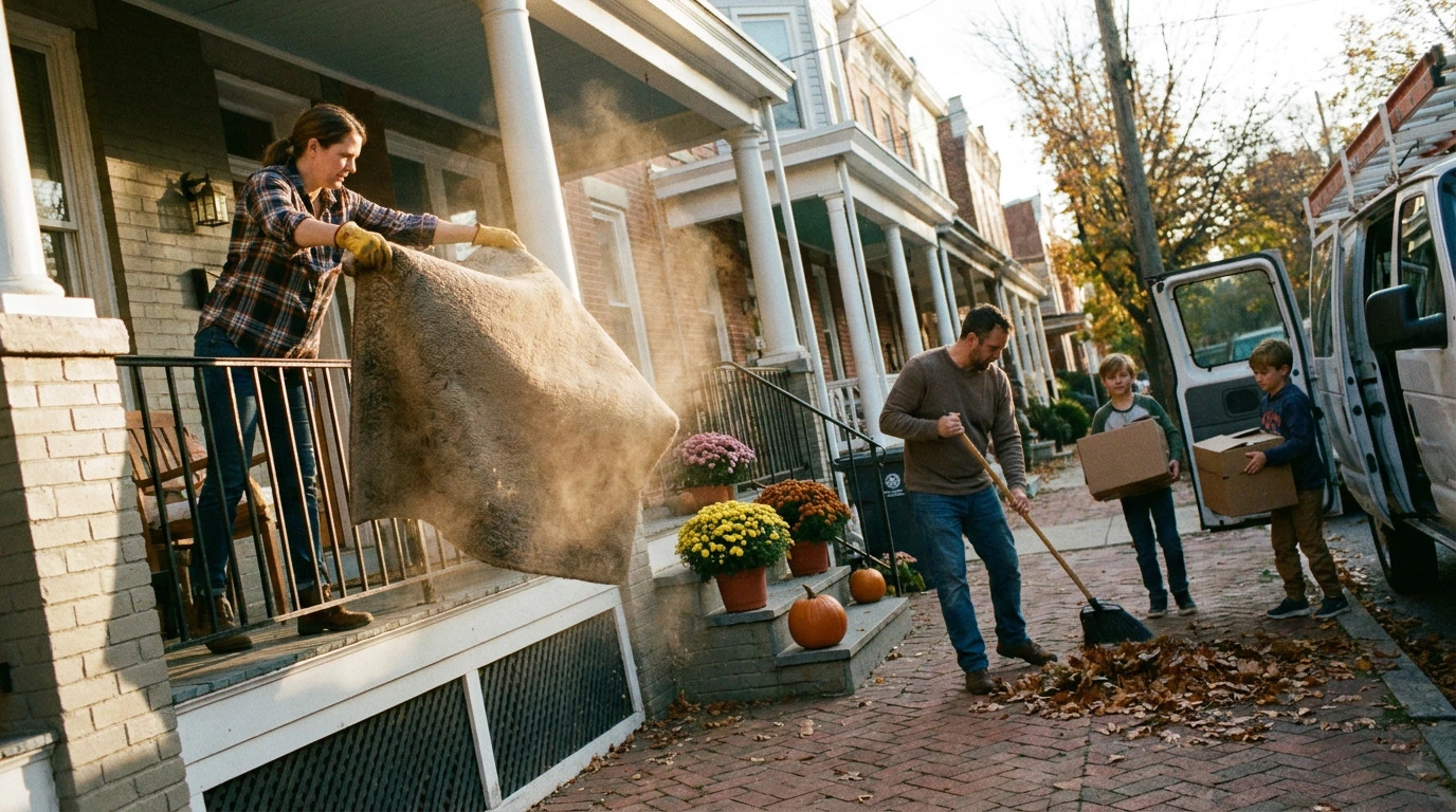 Homeowners shaking out rugs and sweeping leaves outside a brick rowhouse following a Baltimore fall cleaning checklist.