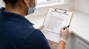 Over the shoulder view of a masked cleaner filling out a "PROOF OF SERVICE CHECKLIST" on a clipboard to document the completion of a professional deep cleaning service task list in Baltimore, MD 21228.