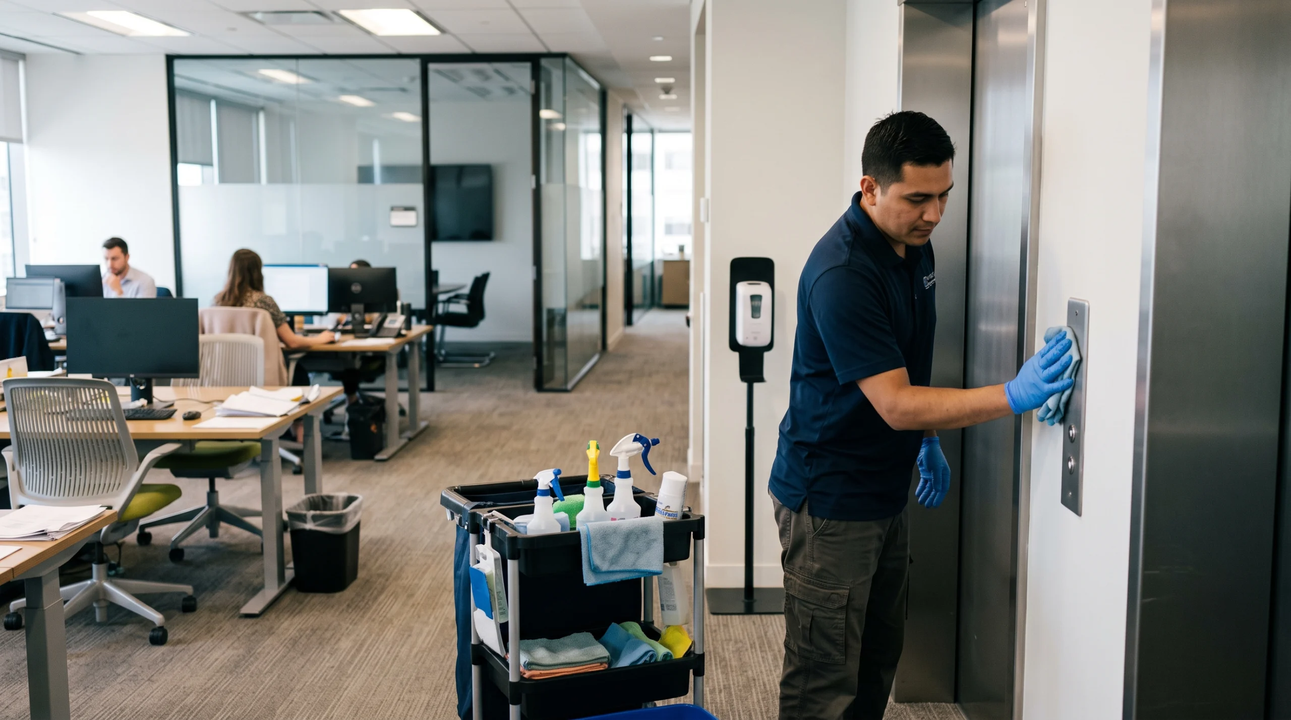 A professional janitorial worker wearing gloves performs flu-season office sanitizing by disinfecting high-touch elevator buttons in Baltimore, MD 21228.