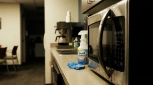 A high-touch microwave handle, blue sponge, and disinfectant spray bottle on an office breakroom counter demonstrating common flu-season office sanitizing challenges in Baltimore, MD 21228.