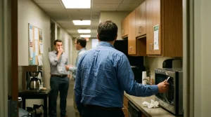 An office employee reaching for a high-touch microwave handle in a busy breakroom corridor, highlighting the need for daily flu-season office sanitizing protocols in Baltimore, MD 21228.